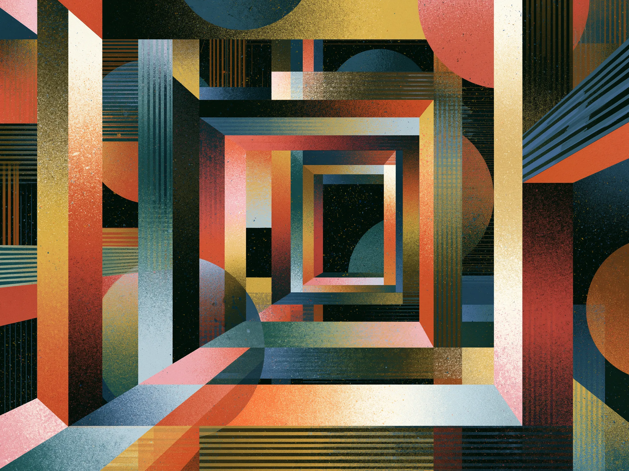 Abstract gouache illustration of recursive nested frames in gold, coral, and teal