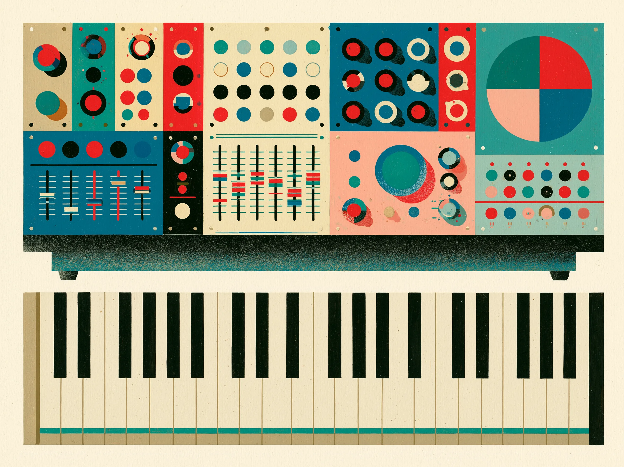 Illustration of a modular synthesizer and piano keyboard in flat gouache style