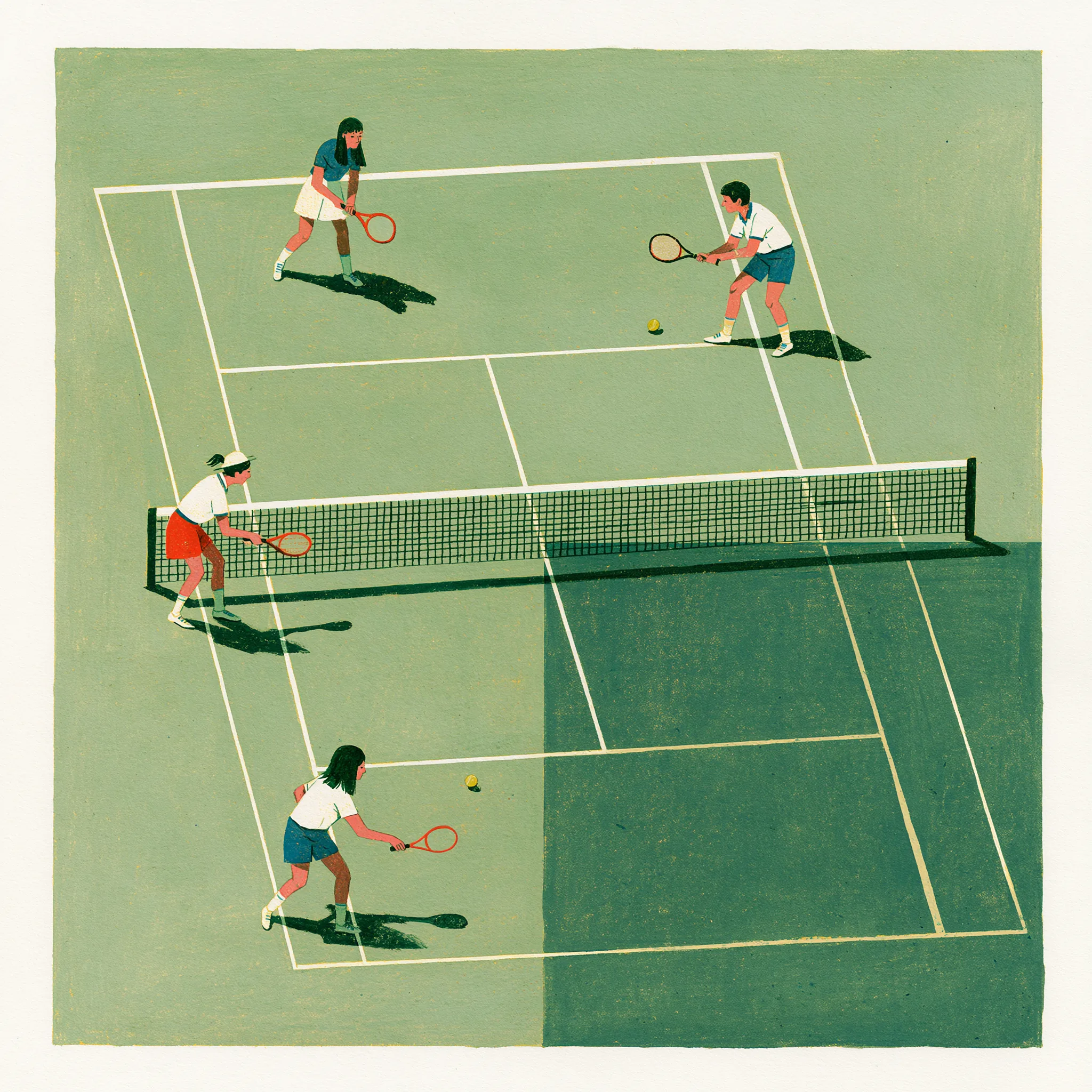 Four people playing on an unusually divided tennis court